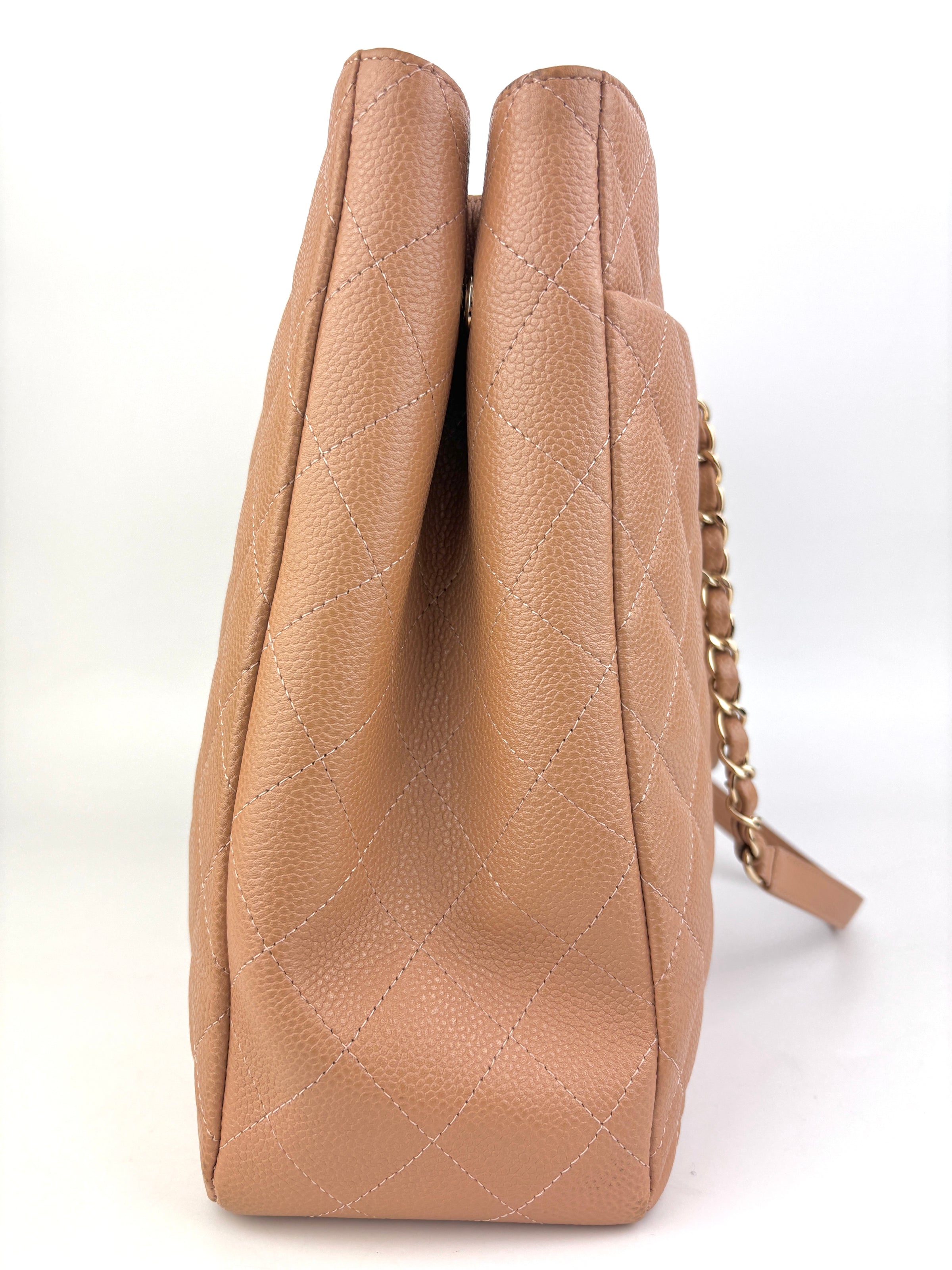 A91046 Calfskin Quilted Large Classic Shopping Tote Beige LGHW