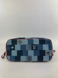 Neverfull MM NM Blue Rouge Damier Monogram Denim Patchwork Bag