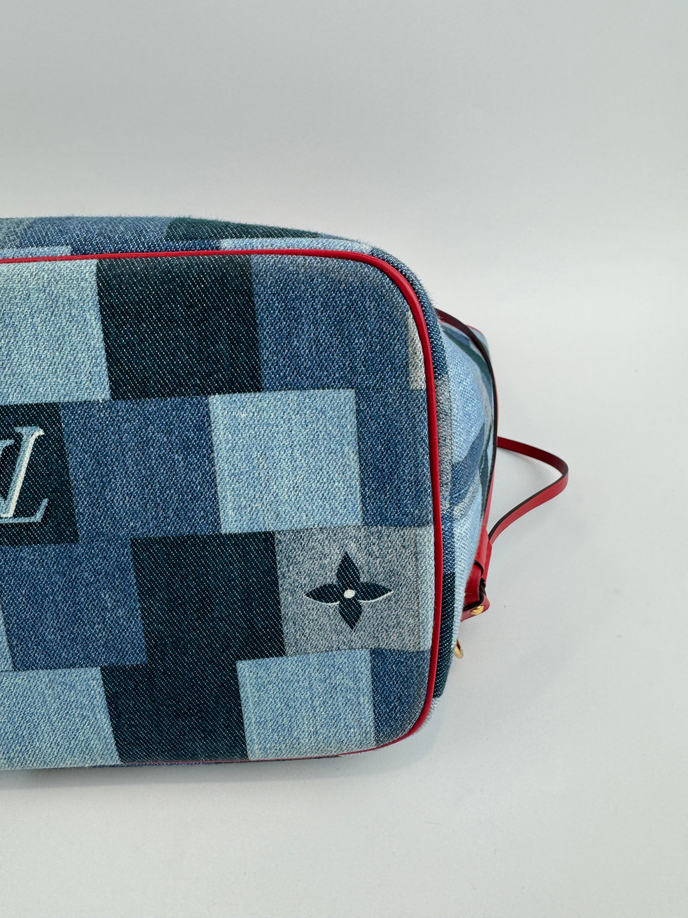 Neverfull MM NM Blue Rouge Damier Monogram Denim Patchwork Bag