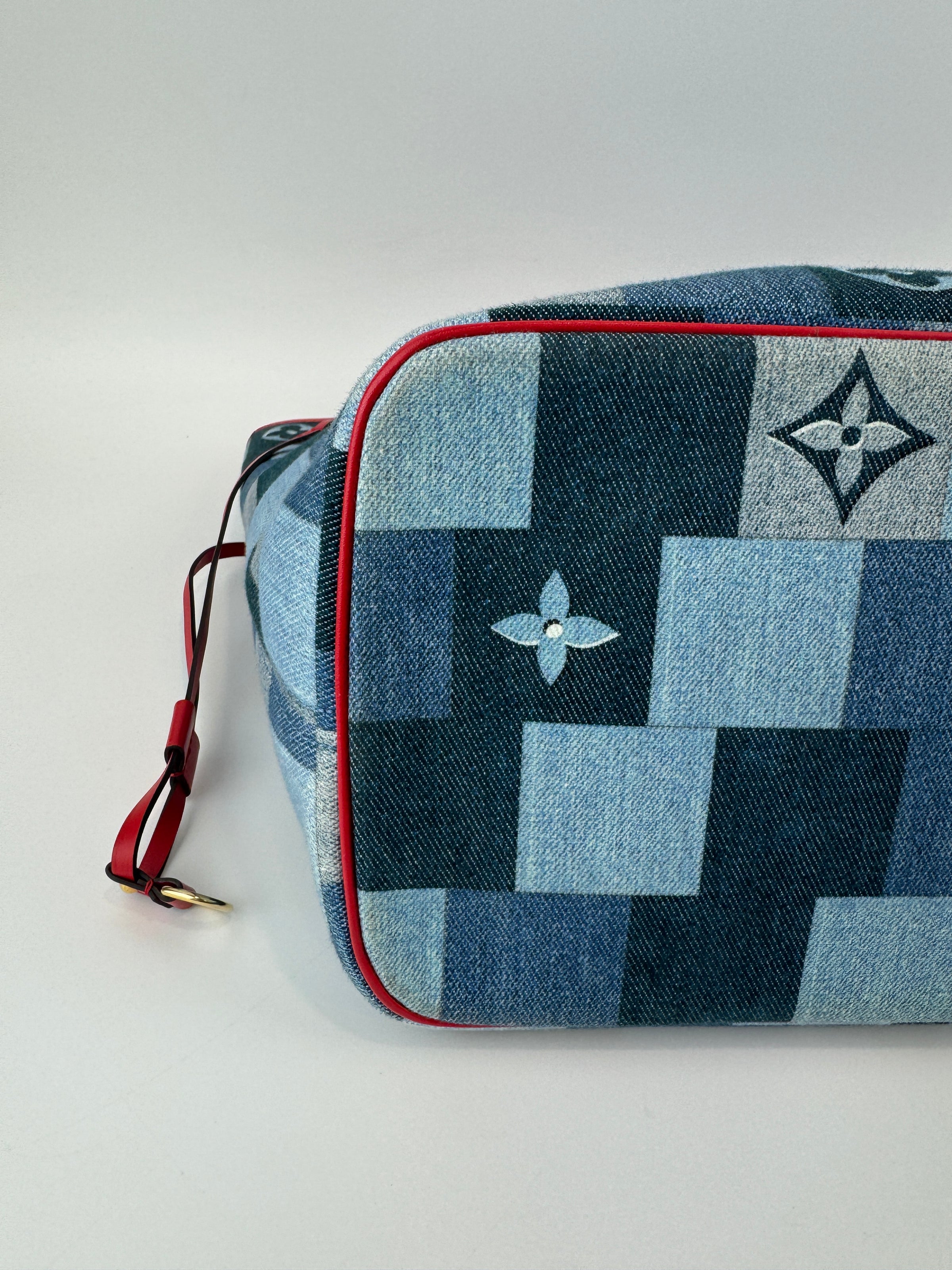 Neverfull MM NM Blue Rouge Damier Monogram Denim Patchwork Bag