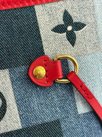 Neverfull MM NM Blue Rouge Damier Monogram Denim Patchwork Bag