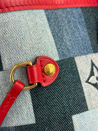 Neverfull MM NM Blue Rouge Damier Monogram Denim Patchwork Bag