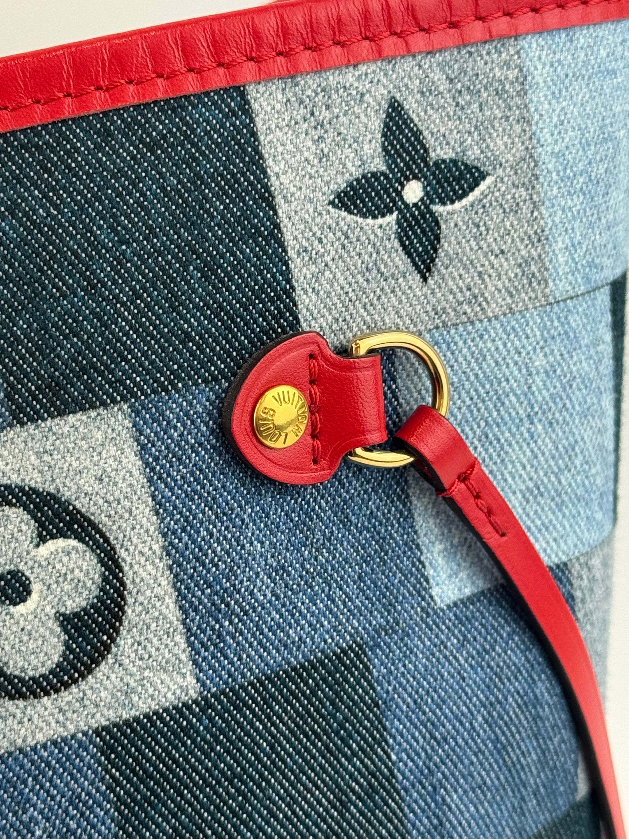 Neverfull MM NM Blue Rouge Damier Monogram Denim Patchwork Bag