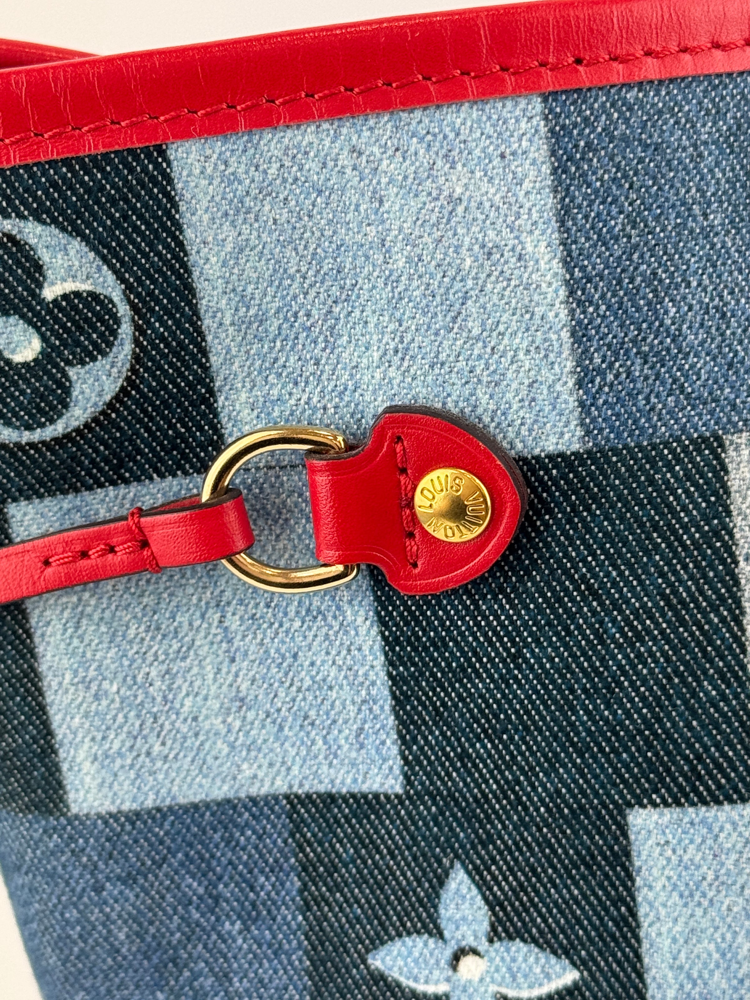 Neverfull MM NM Blue Rouge Damier Monogram Denim Patchwork Bag