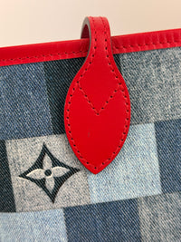 Neverfull MM NM Blue Rouge Damier Monogram Denim Patchwork Bag