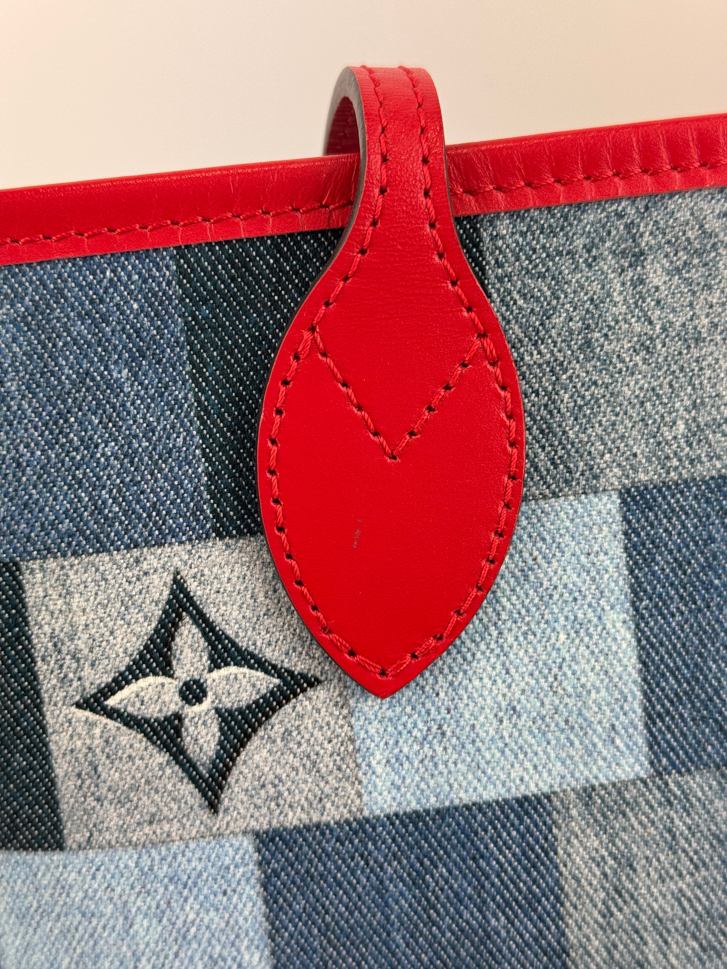 Neverfull MM NM Blue Rouge Damier Monogram Denim Patchwork Bag