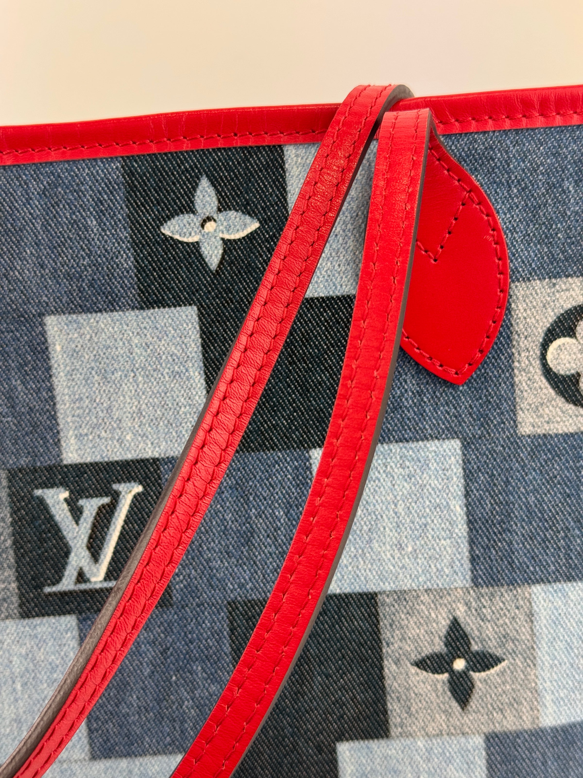 Neverfull MM NM Blue Rouge Damier Monogram Denim Patchwork Bag