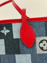 Neverfull MM NM Blue Rouge Damier Monogram Denim Patchwork Bag