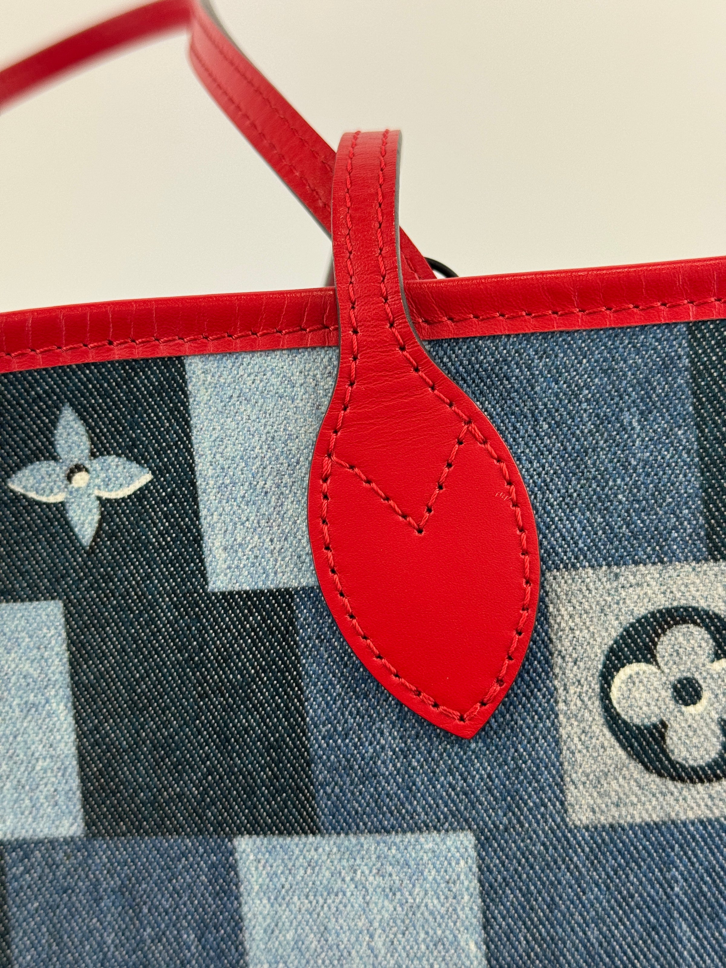 Neverfull MM NM Blue Rouge Damier Monogram Denim Patchwork Bag