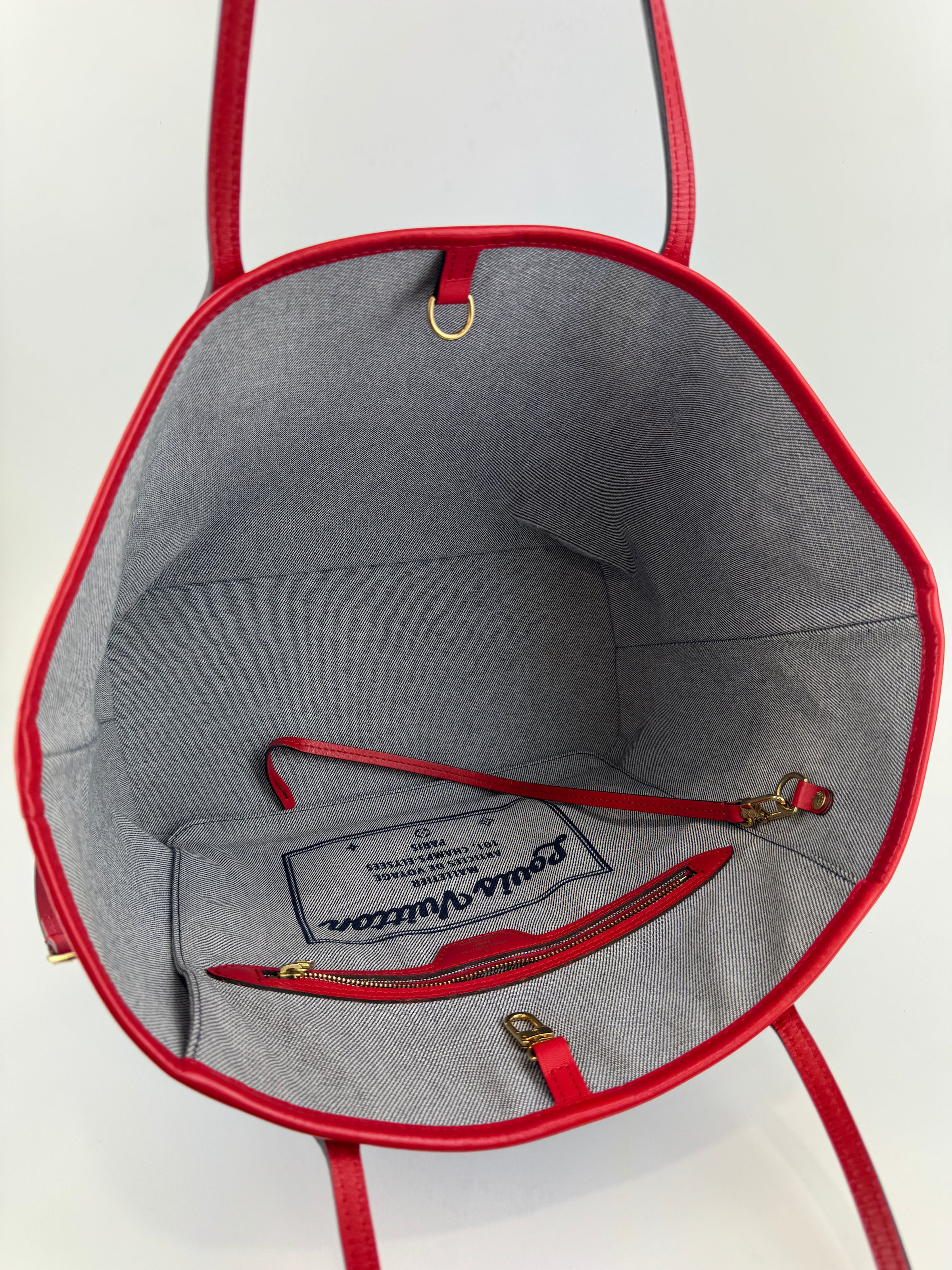 Neverfull MM NM Blue Rouge Damier Monogram Denim Patchwork Bag