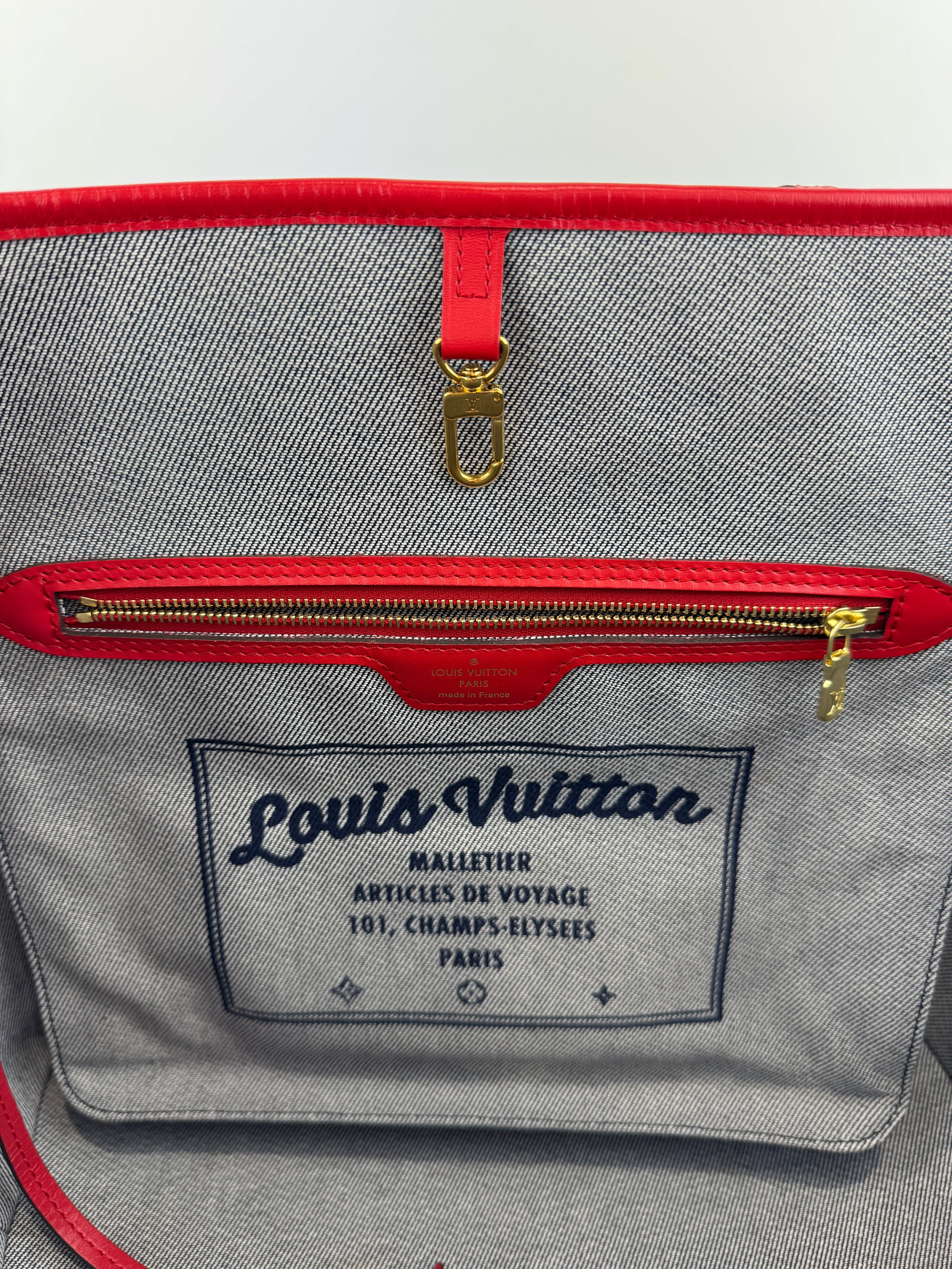 Neverfull MM NM Blue Rouge Damier Monogram Denim Patchwork Bag