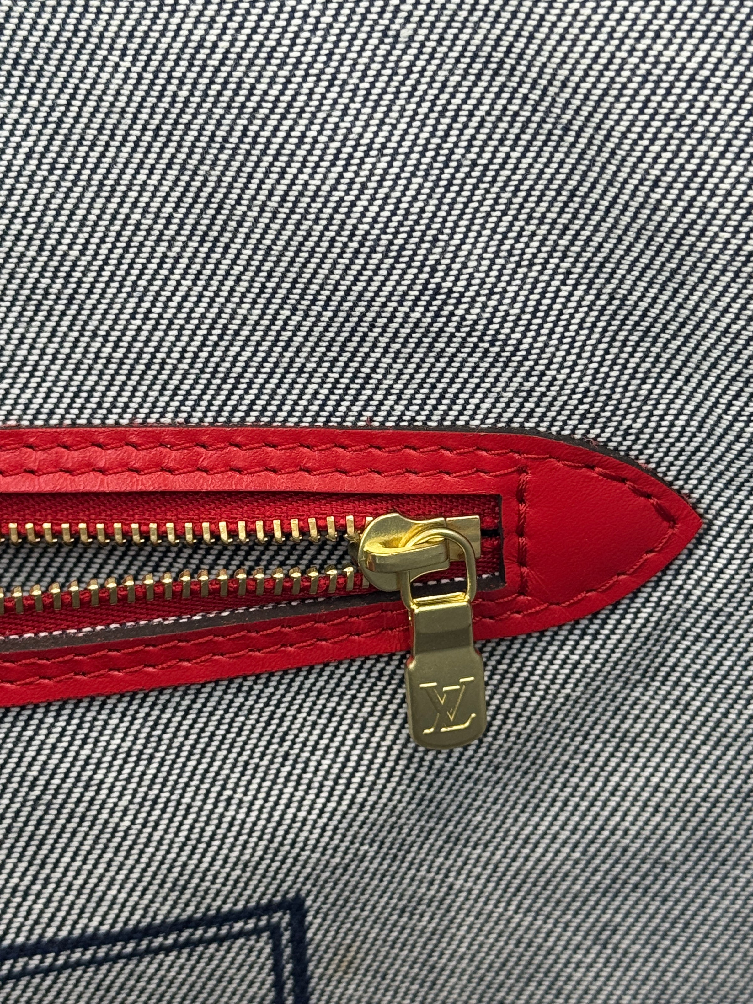 Neverfull MM NM Blue Rouge Damier Monogram Denim Patchwork Bag