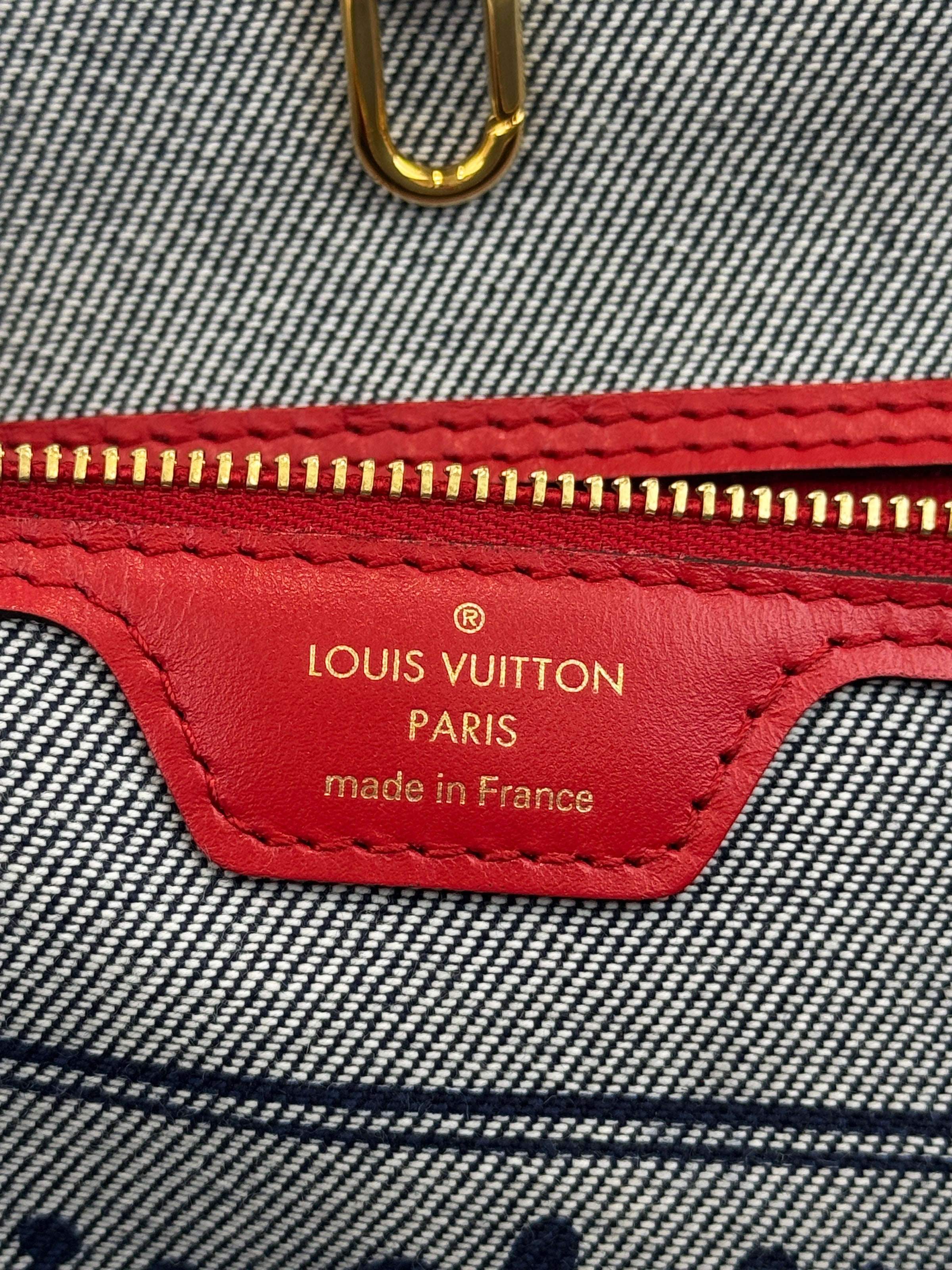 Neverfull MM NM Blue Rouge Damier Monogram Denim Patchwork Bag