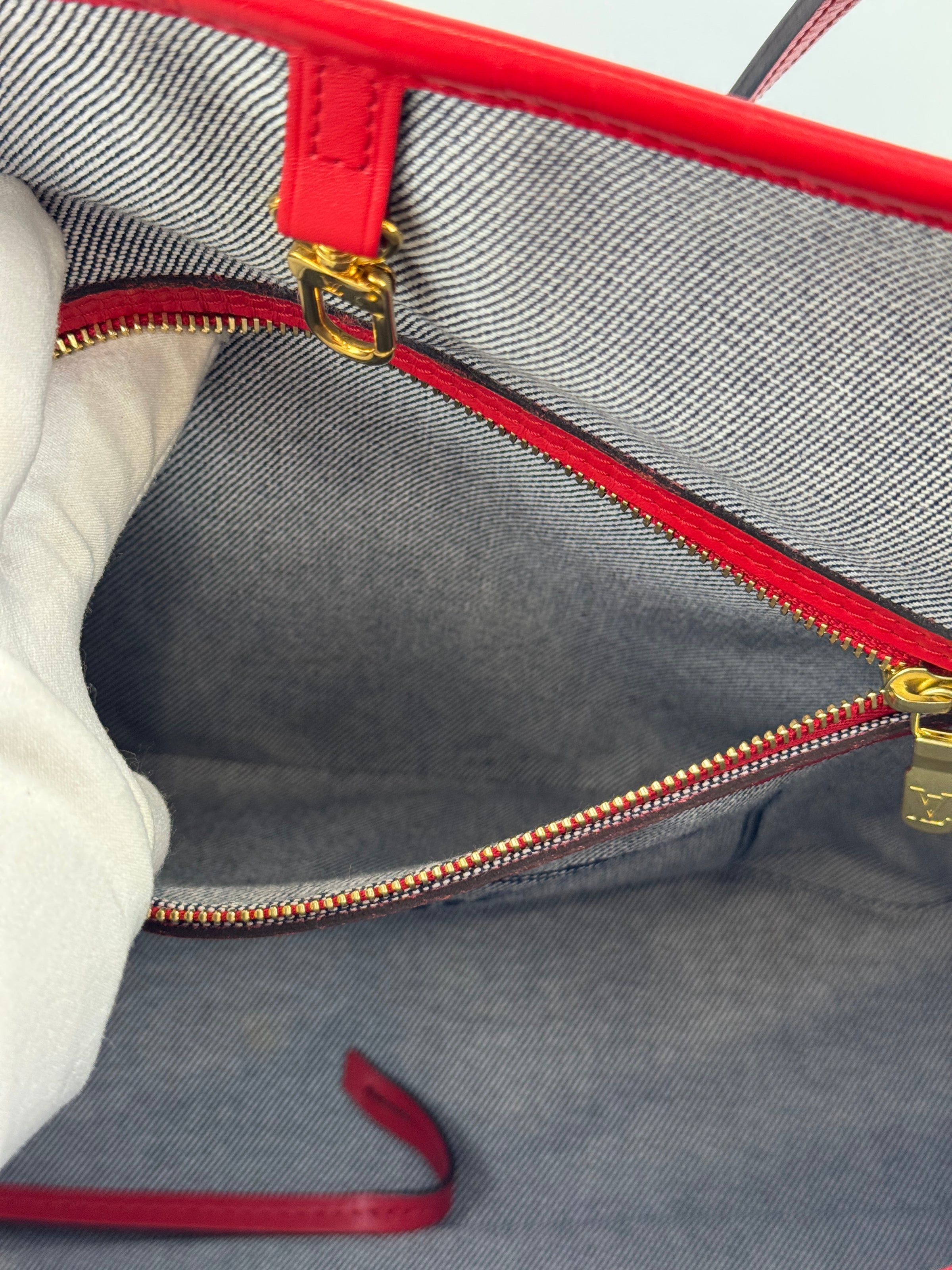 Neverfull MM NM Blue Rouge Damier Monogram Denim Patchwork Bag