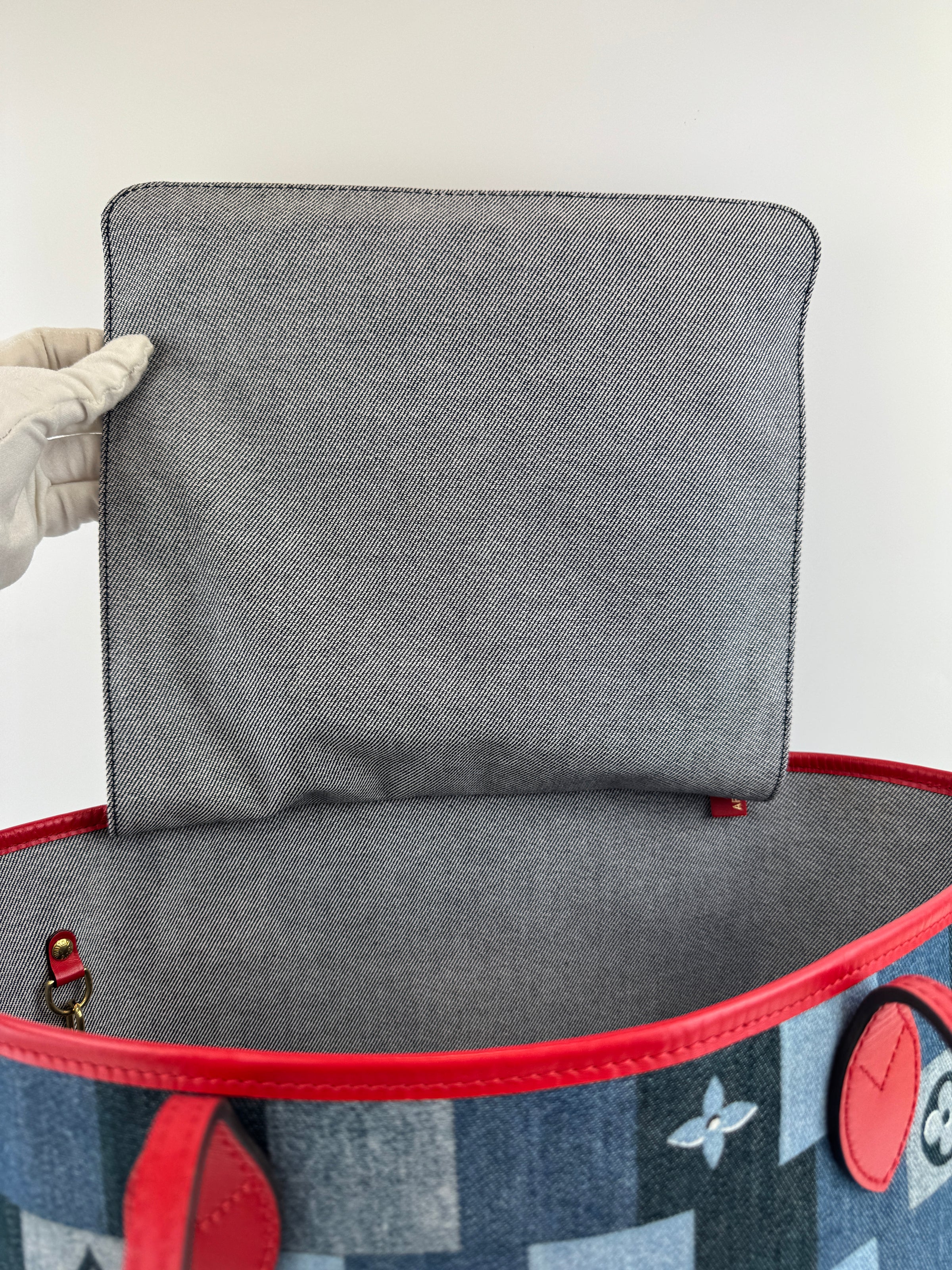 Neverfull MM NM Blue Rouge Damier Monogram Denim Patchwork Bag