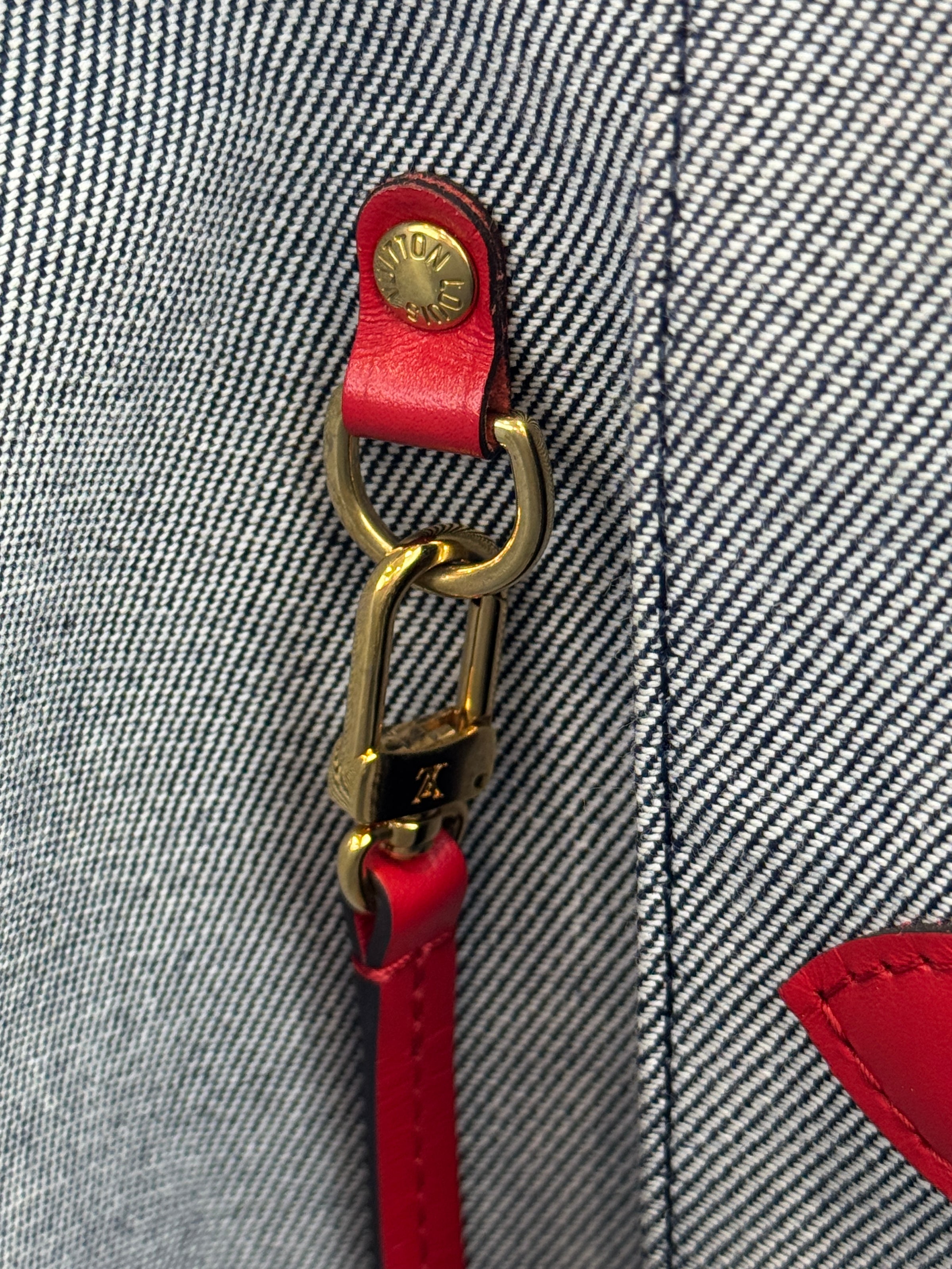 Neverfull MM NM Blue Rouge Damier Monogram Denim Patchwork Bag