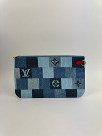 Neverfull MM NM Blue Rouge Damier Monogram Denim Patchwork Bag