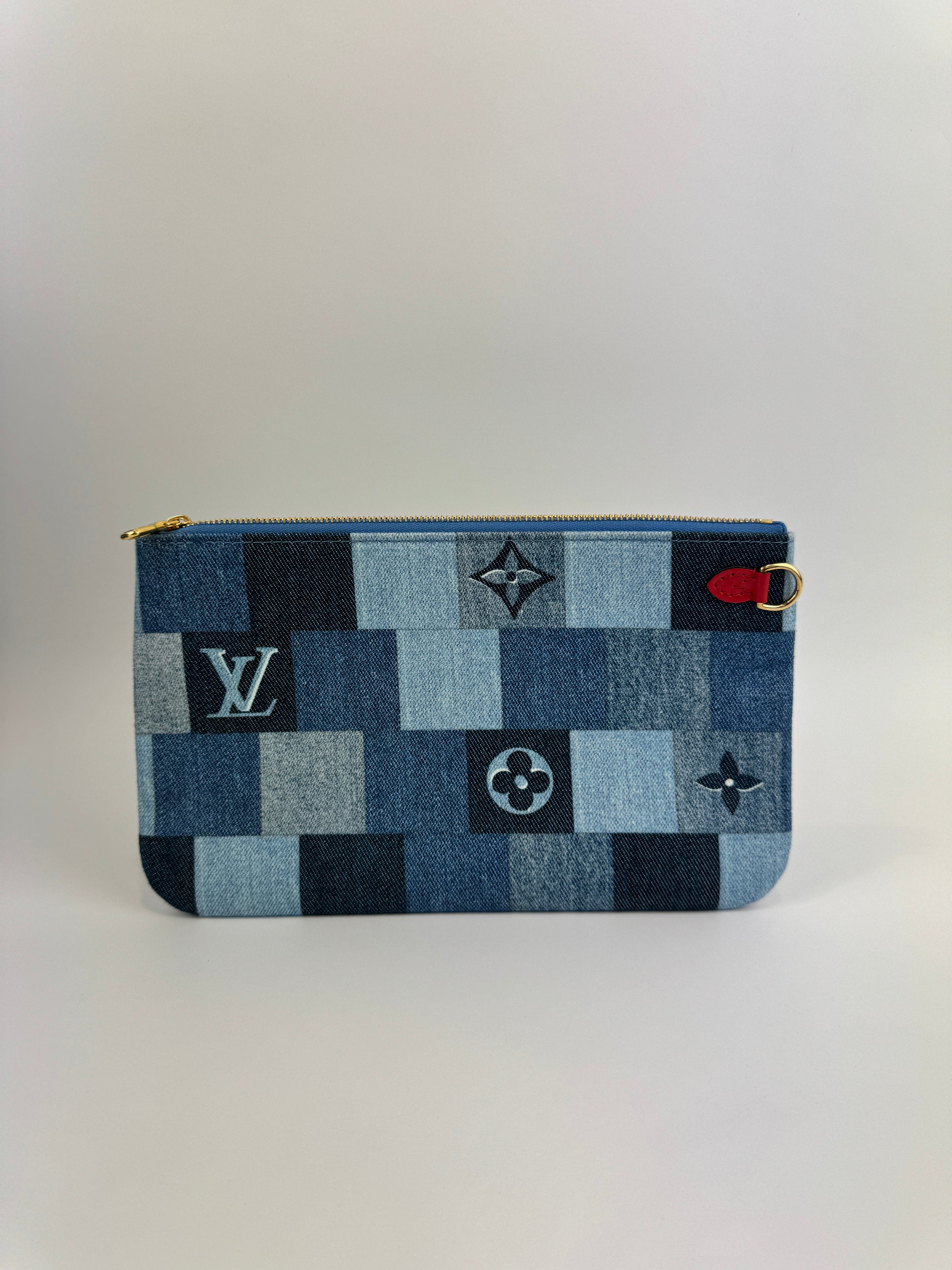 Neverfull MM NM Blue Rouge Damier Monogram Denim Patchwork Bag