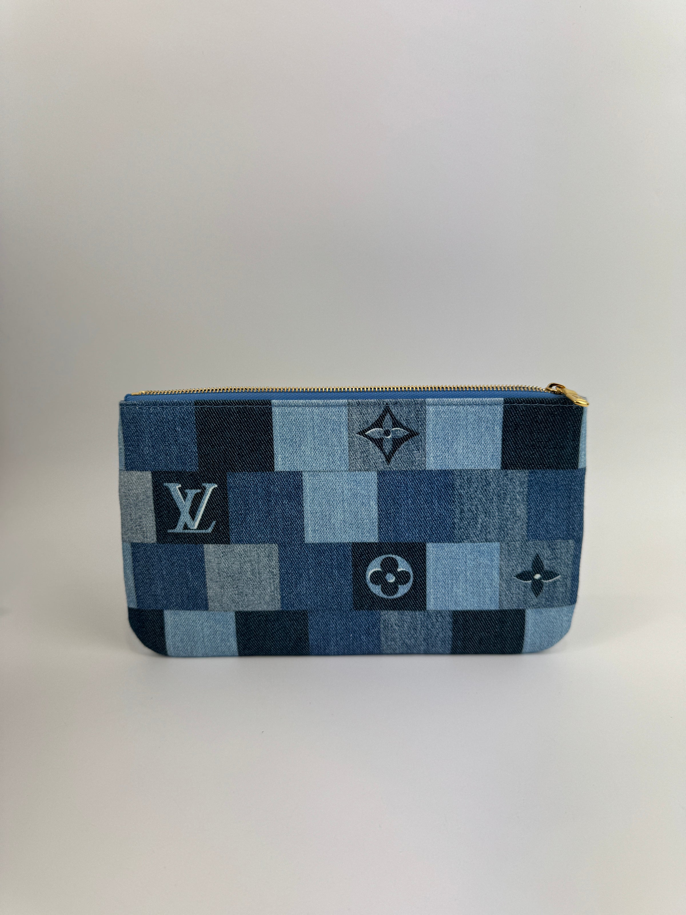 Neverfull MM NM Blue Rouge Damier Monogram Denim Patchwork Bag