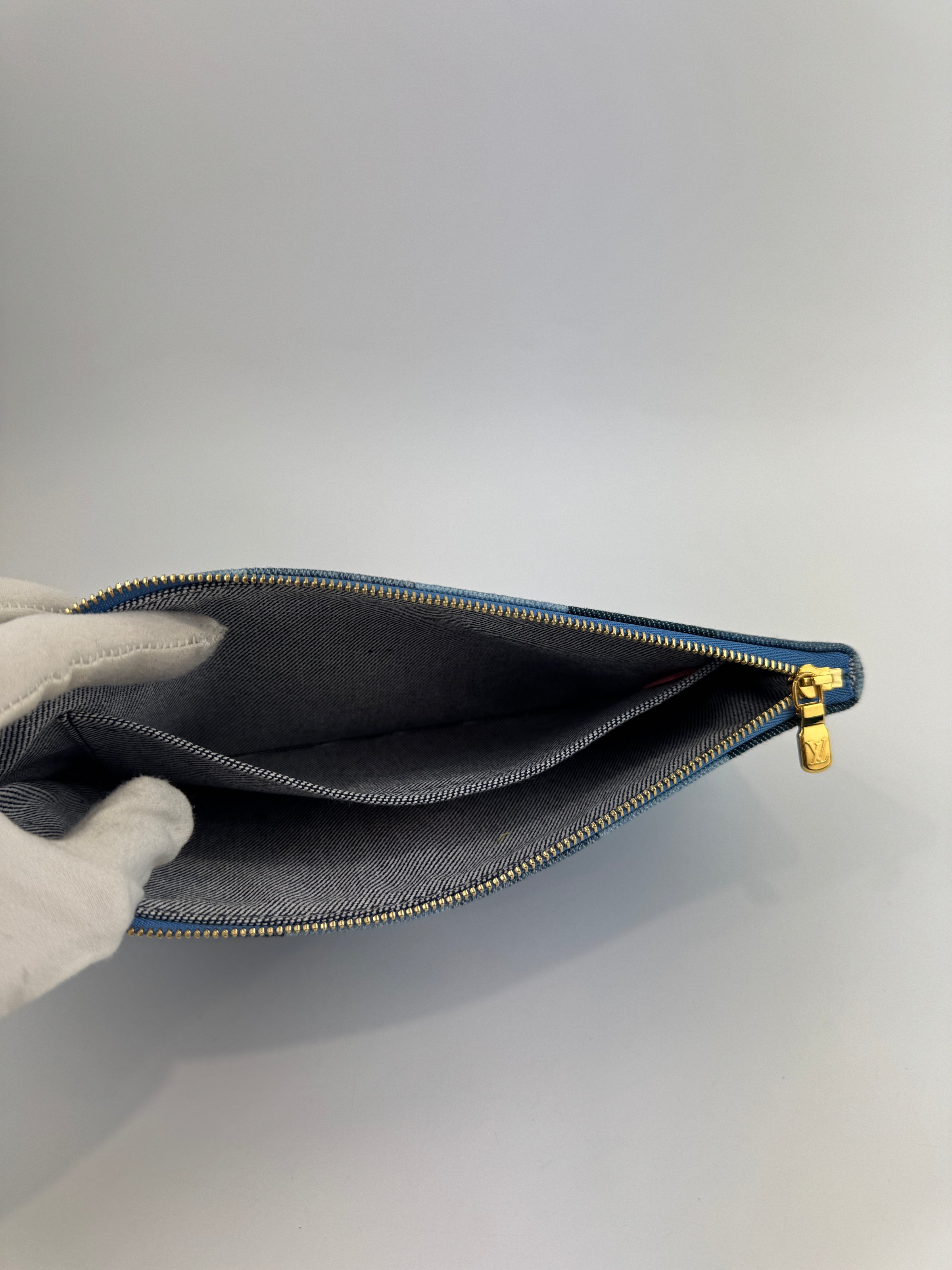 Neverfull MM NM Blue Rouge Damier Monogram Denim Patchwork Bag