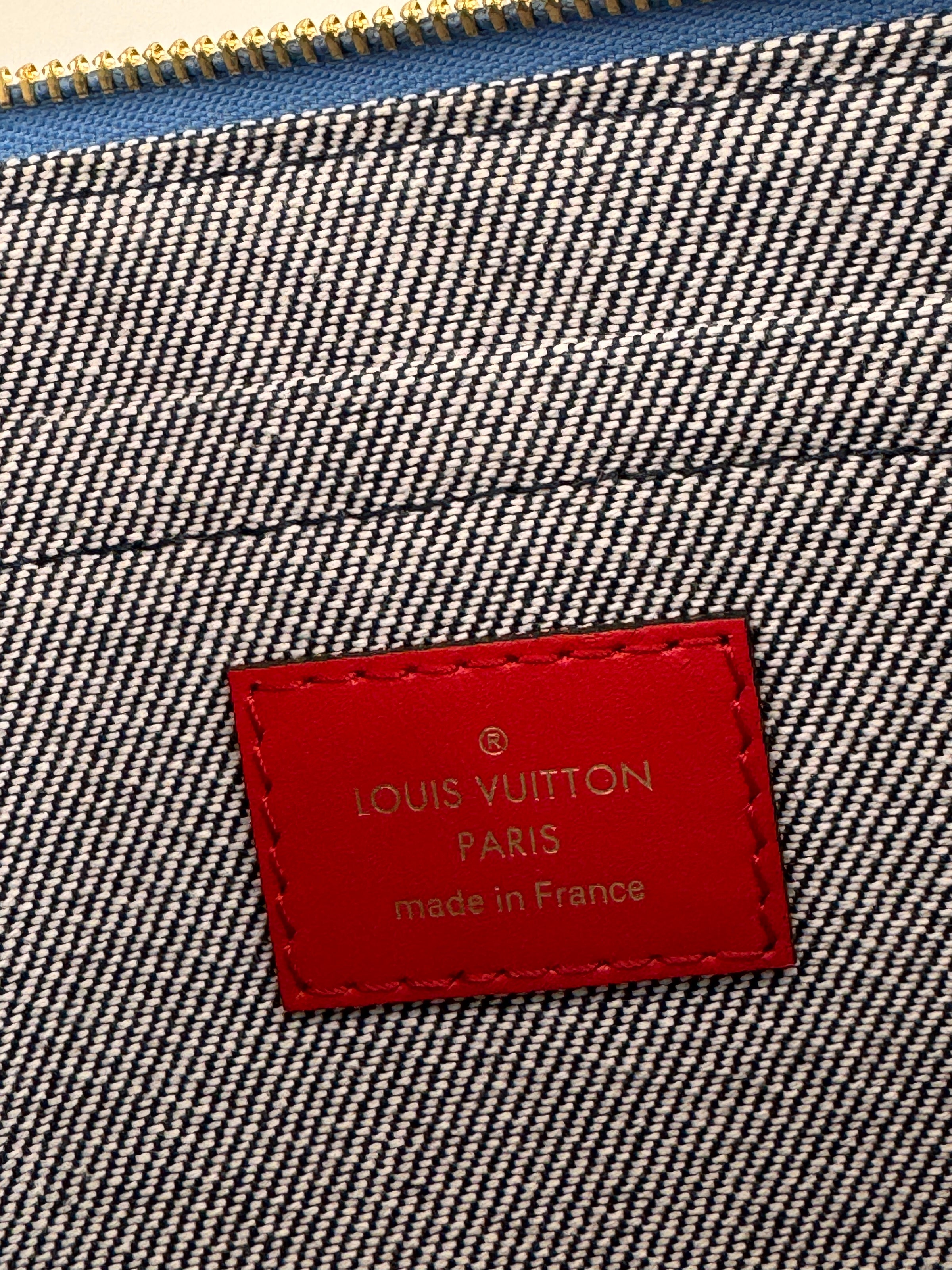 Neverfull MM NM Blue Rouge Damier Monogram Denim Patchwork Bag