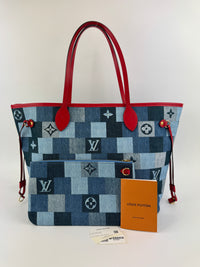 Neverfull MM NM Blue Rouge Damier Monogram Denim Patchwork Bag