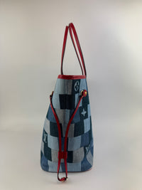 Neverfull MM NM Blue Rouge Damier Monogram Denim Patchwork Bag