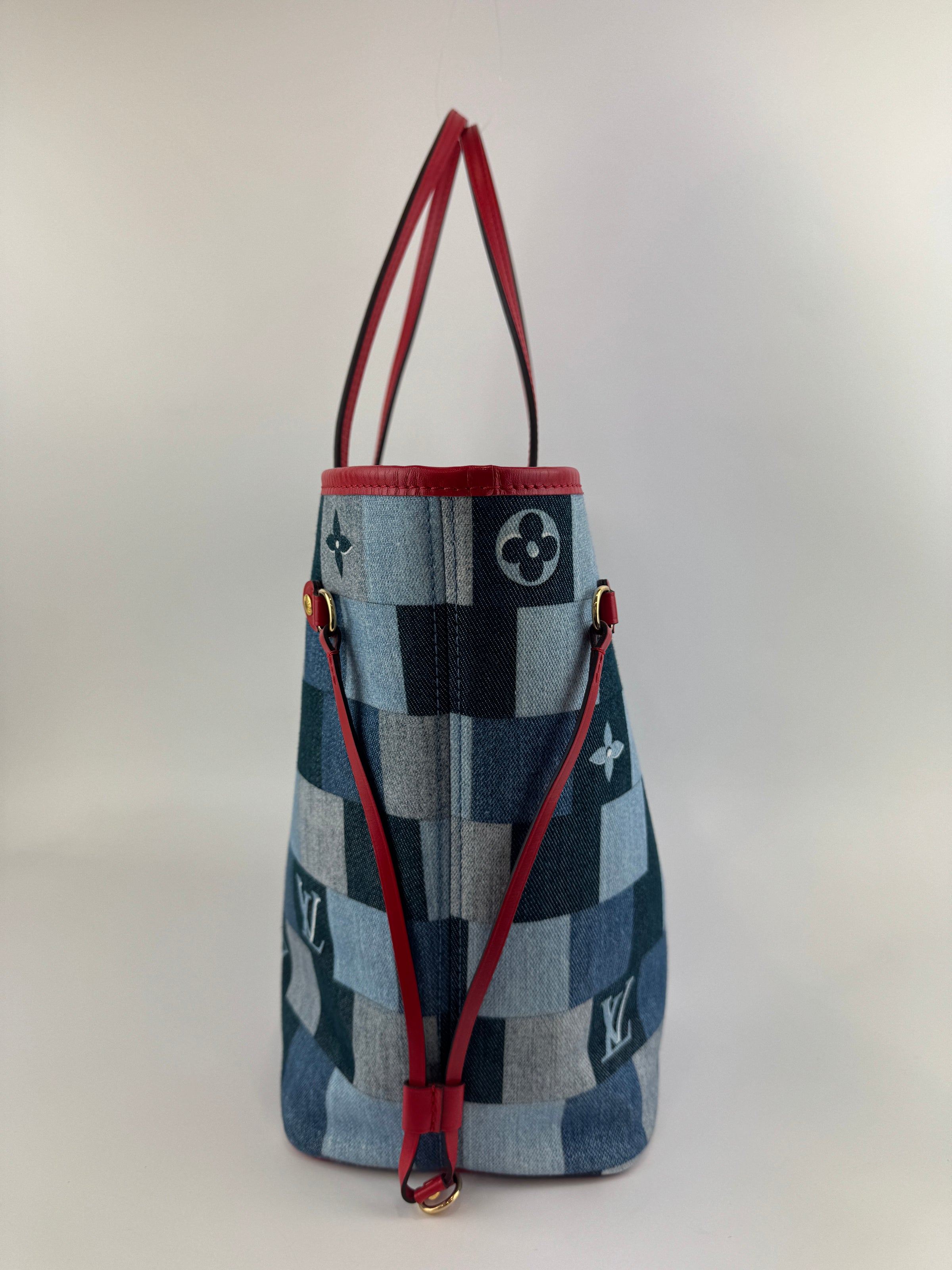 Neverfull MM NM Blue Rouge Damier Monogram Denim Patchwork Bag