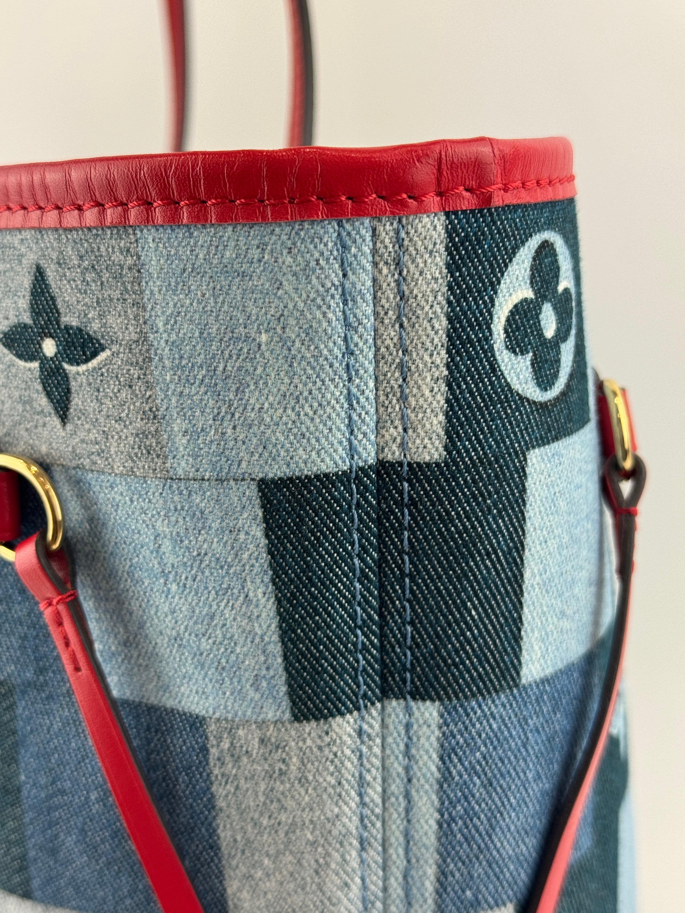 Neverfull MM NM Blue Rouge Damier Monogram Denim Patchwork Bag