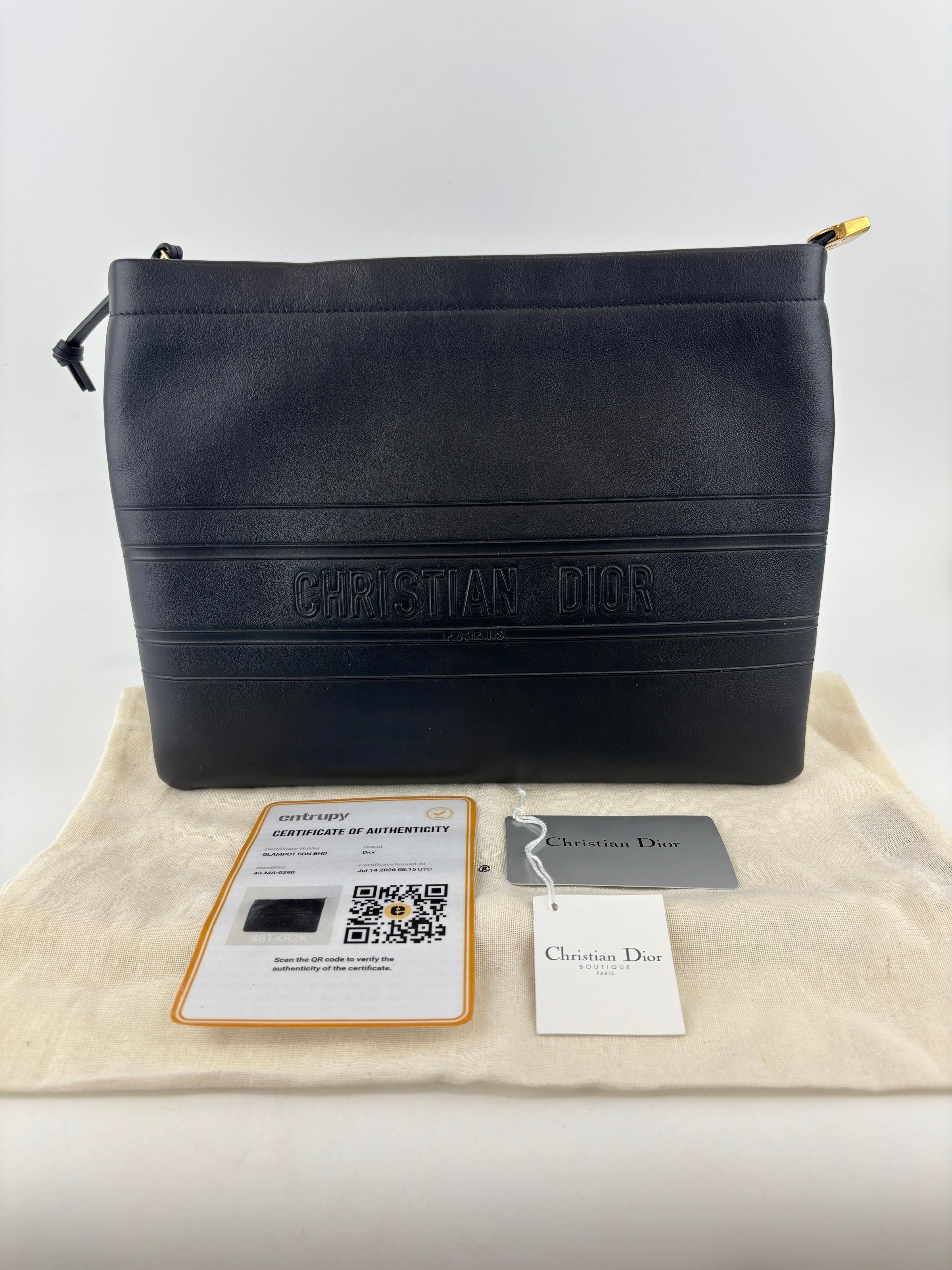 Smooth Calfskin Stripe Zip Clutch in Black
