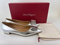 Zeri Pointed Toe Flat Metallic Silver Calfskin Size 38.5