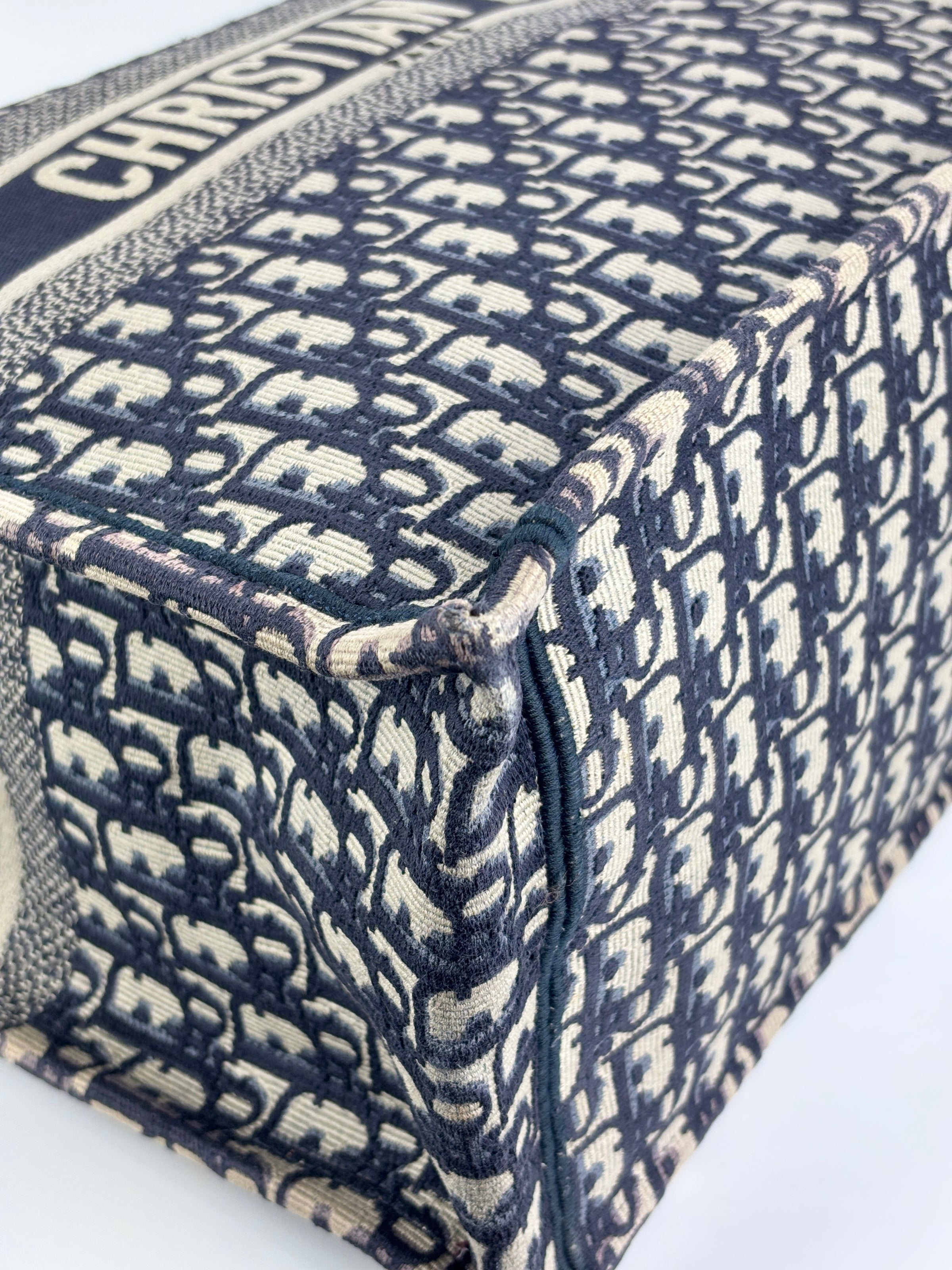 Large Book Tote in Blue Dior Oblique Embroidered Canvas