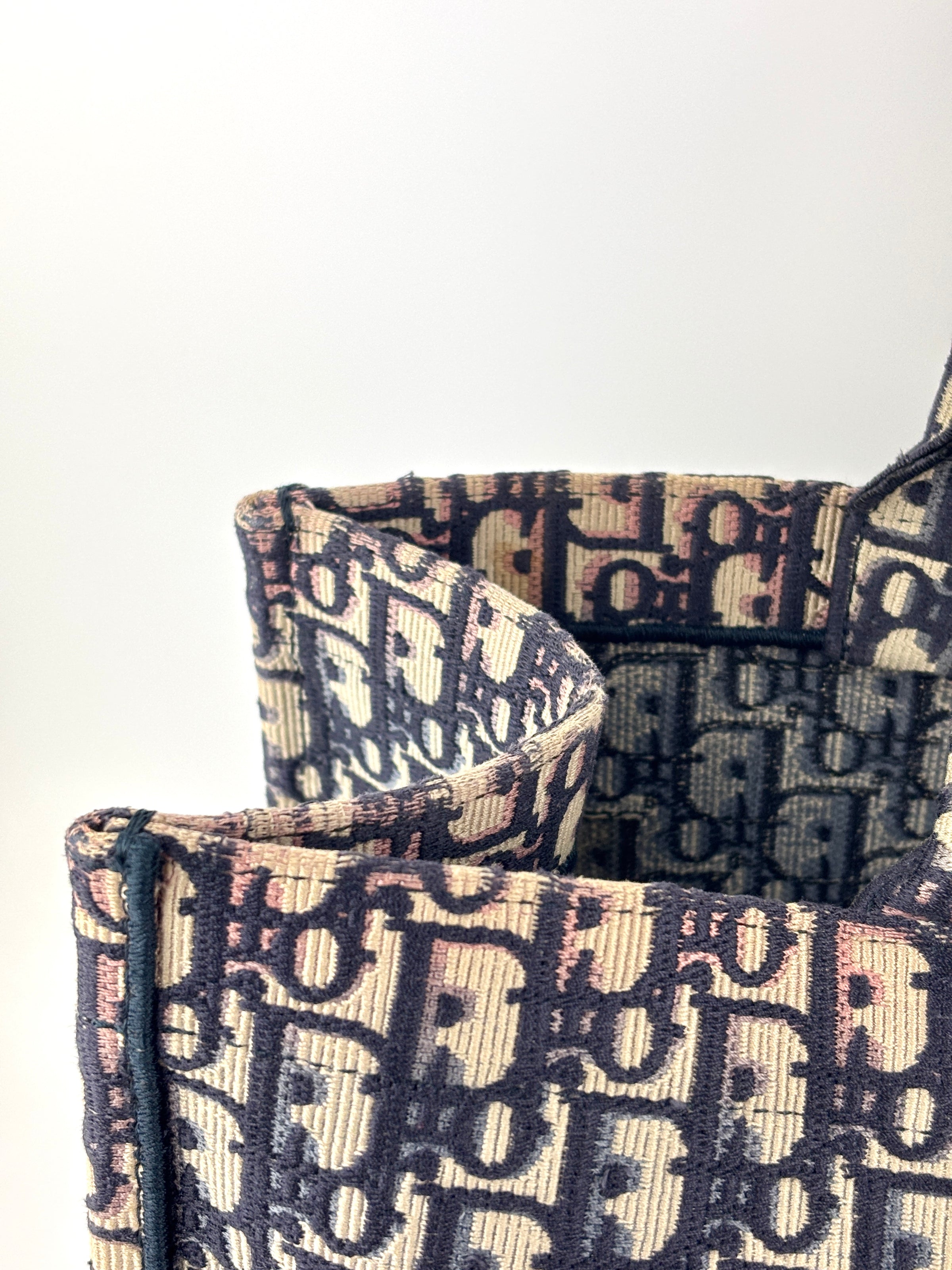 Large Book Tote in Blue Dior Oblique Embroidered Canvas