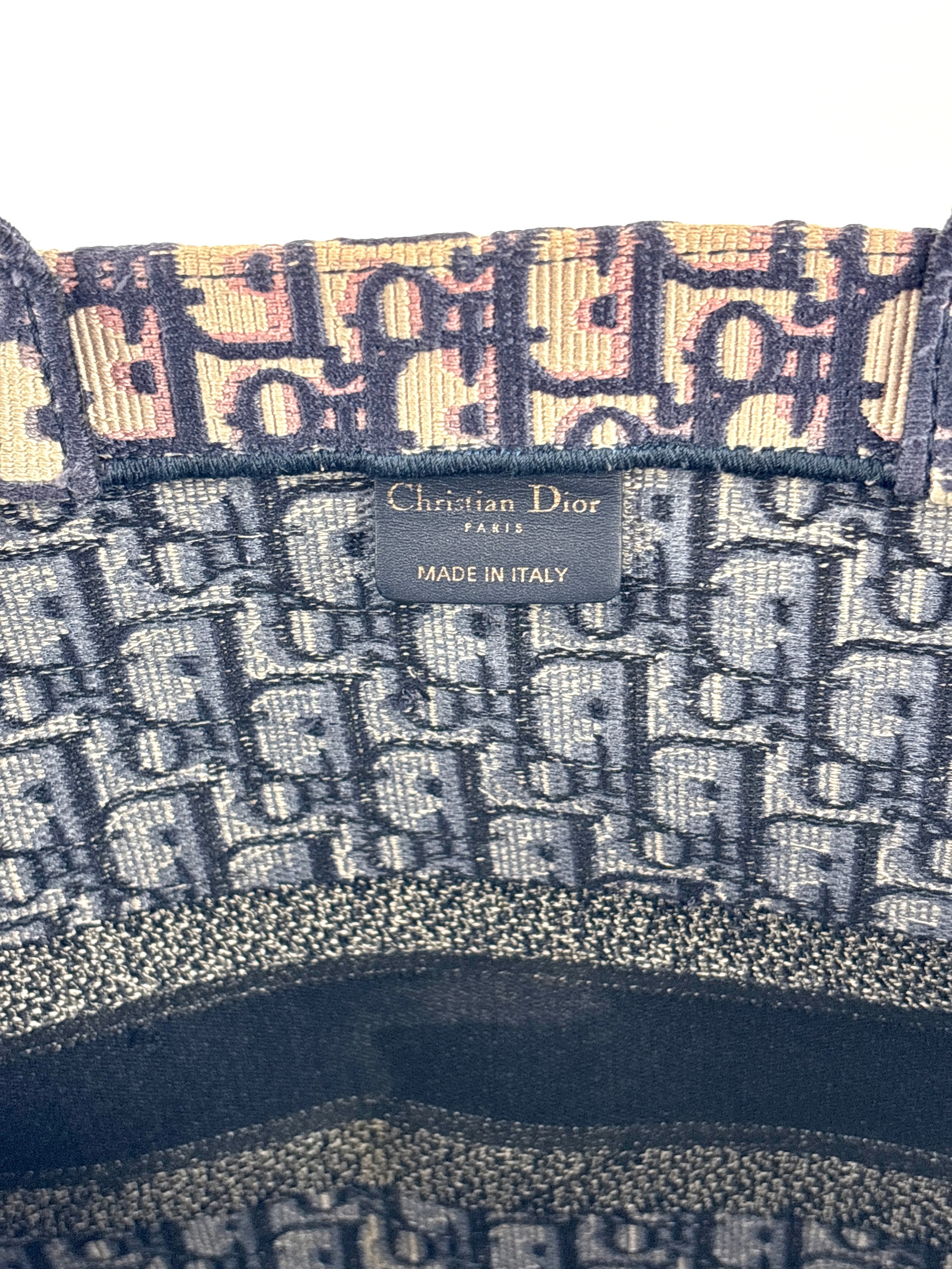 Large Book Tote in Blue Dior Oblique Embroidered Canvas