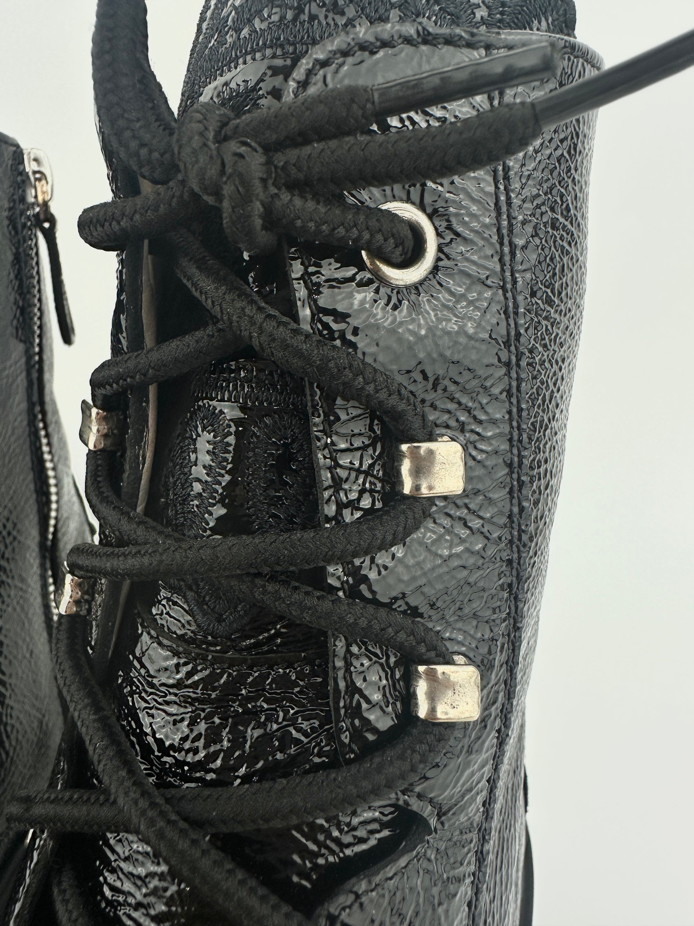 Crinkled Black Patent Leather Ankle Boots Size 37