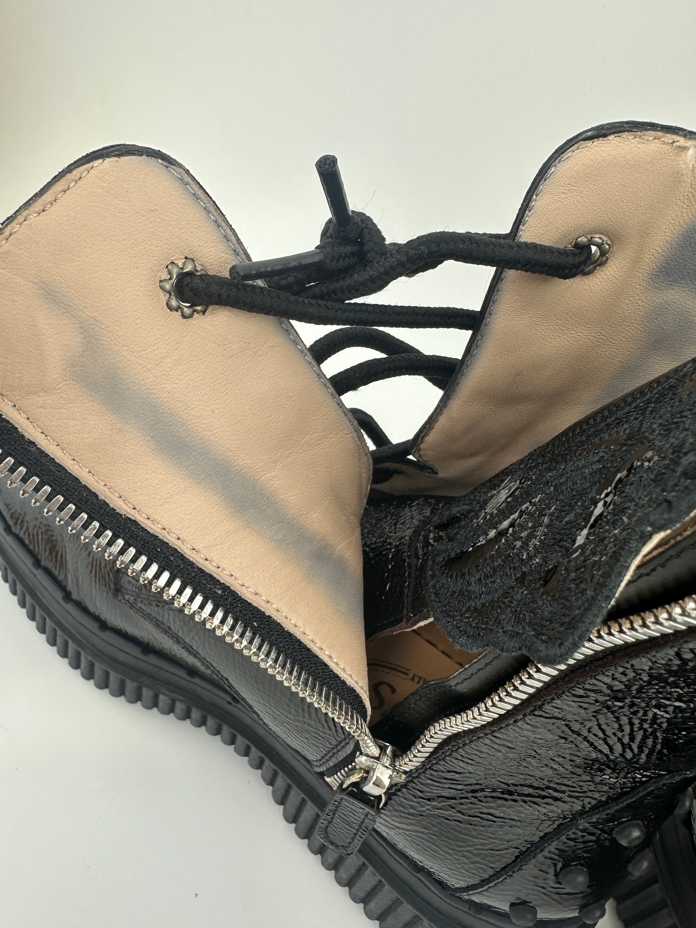 Crinkled Black Patent Leather Ankle Boots Size 37