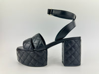 Black Quilted Lambskin Leather Platform Chunky Heels Size 37