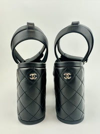 Black Quilted Lambskin Leather Platform Chunky Heels Size 37