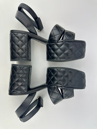 Black Quilted Lambskin Leather Platform Chunky Heels Size 37