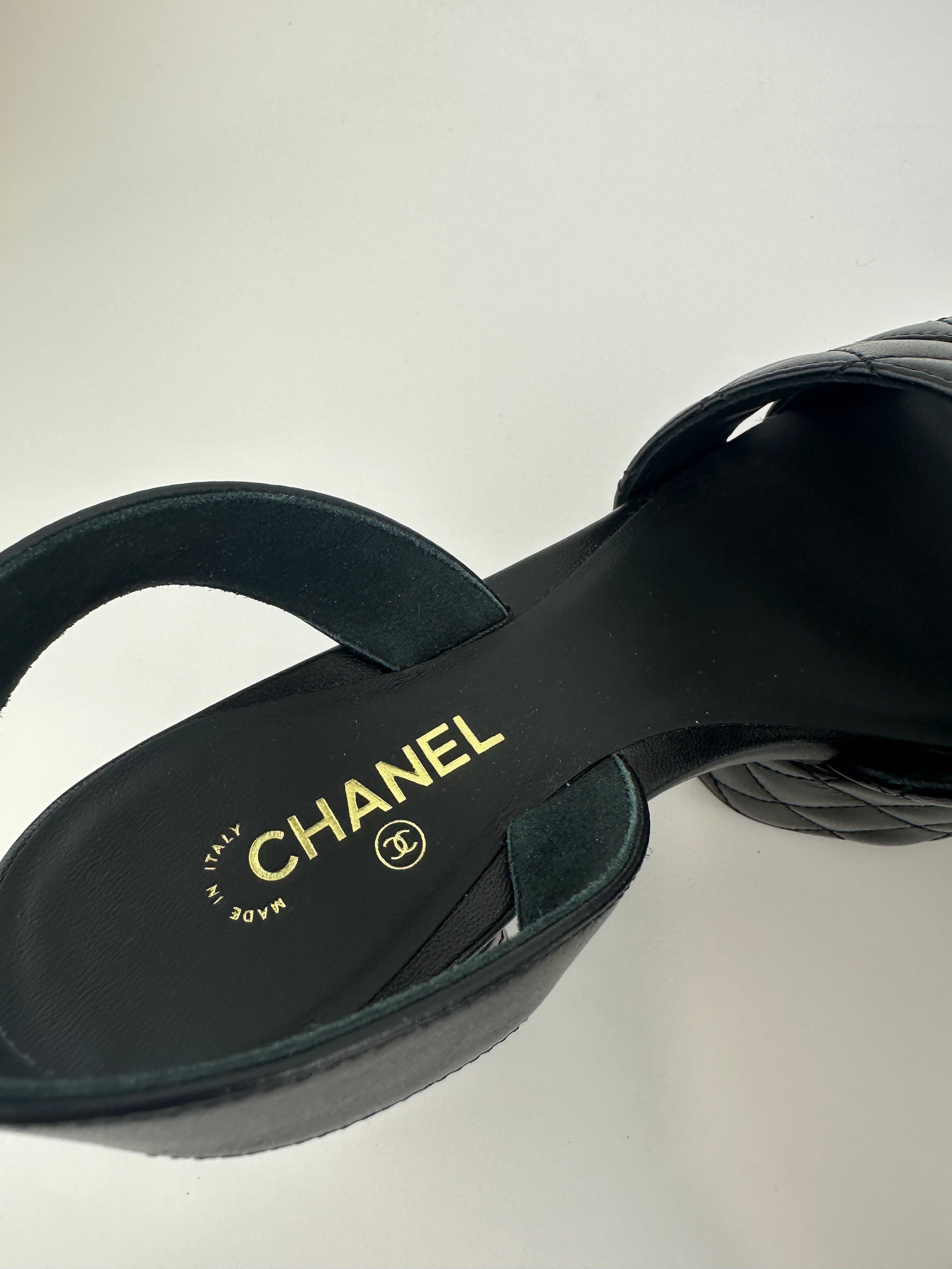 Black Quilted Lambskin Leather Platform Chunky Heels Size 37