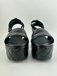 Black Quilted Lambskin Leather Platform Chunky Heels Size 37