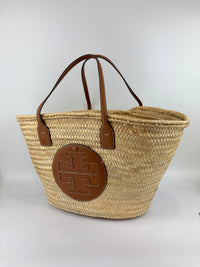 Large Leather Trimmed Raffia Ella Straw Basket Tote