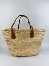 Large Leather Trimmed Raffia Ella Straw Basket Tote