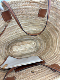 Large Leather Trimmed Raffia Ella Straw Basket Tote