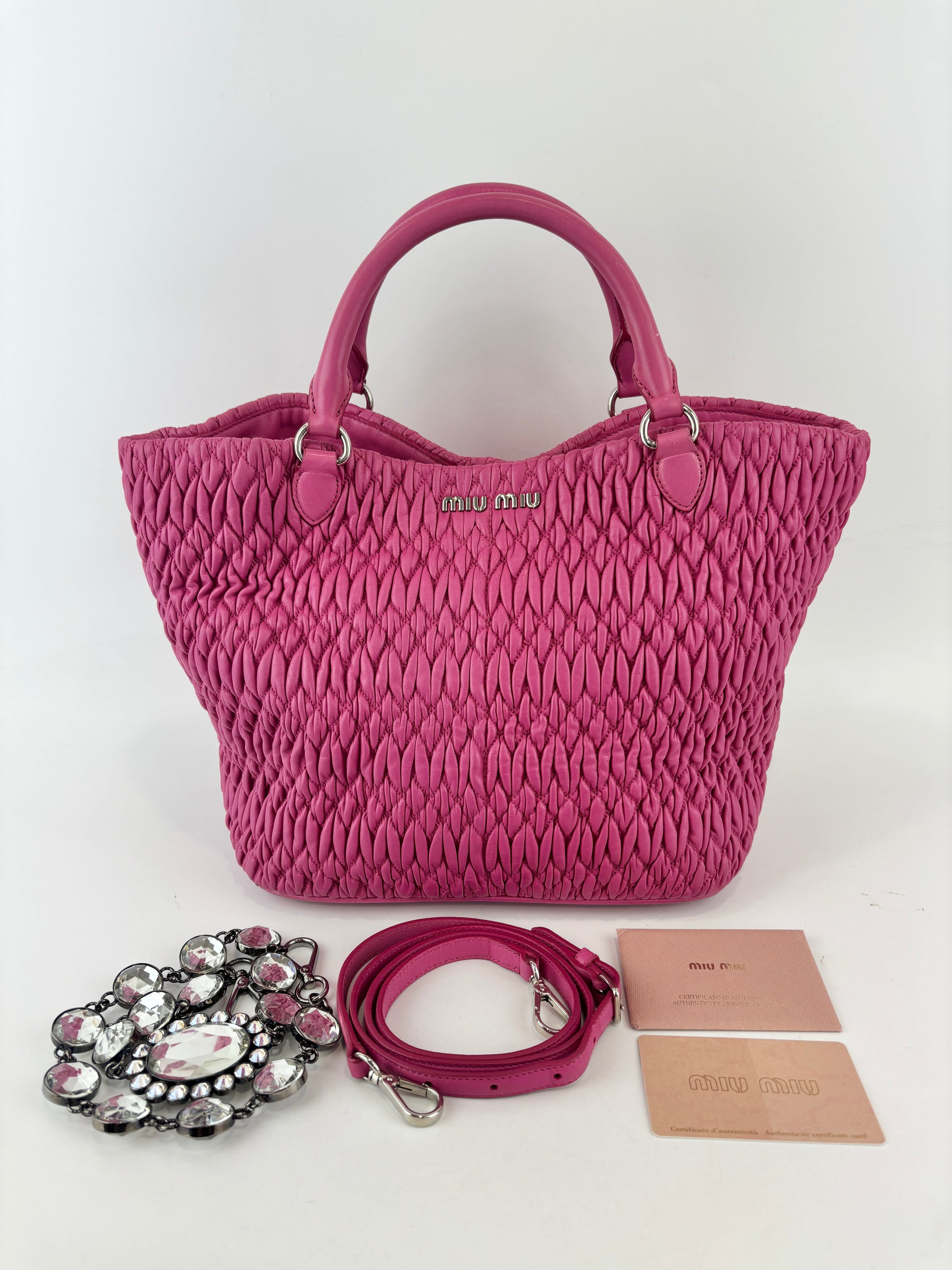 RN0896 Matelasse Nappa Crystal Leather Satchel Fuchsia