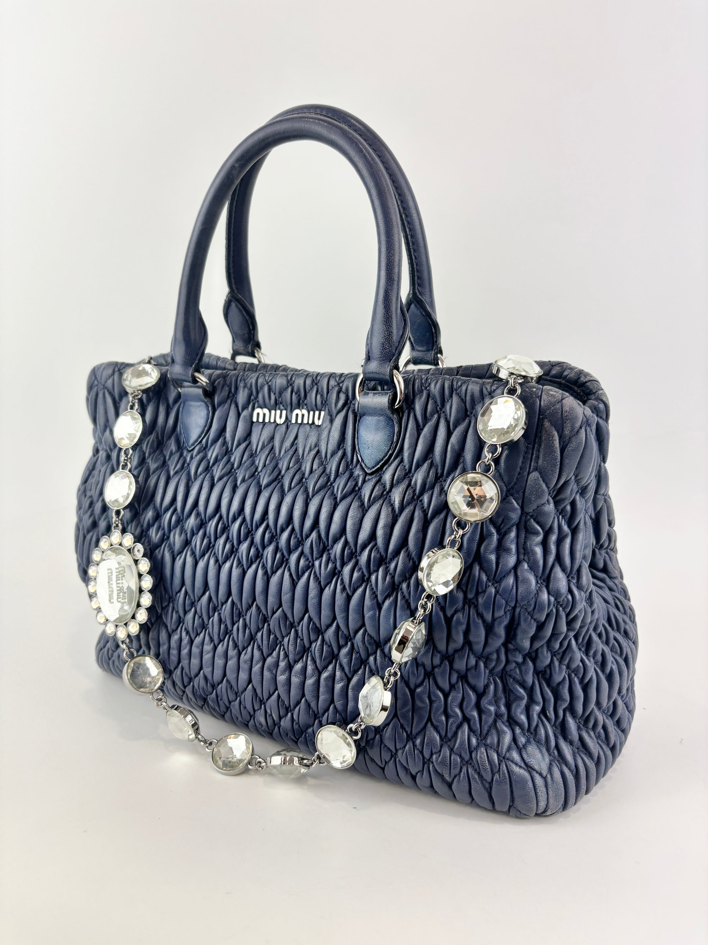 Matelasse Nappa Crystal Leather Small Tote Dark Blue