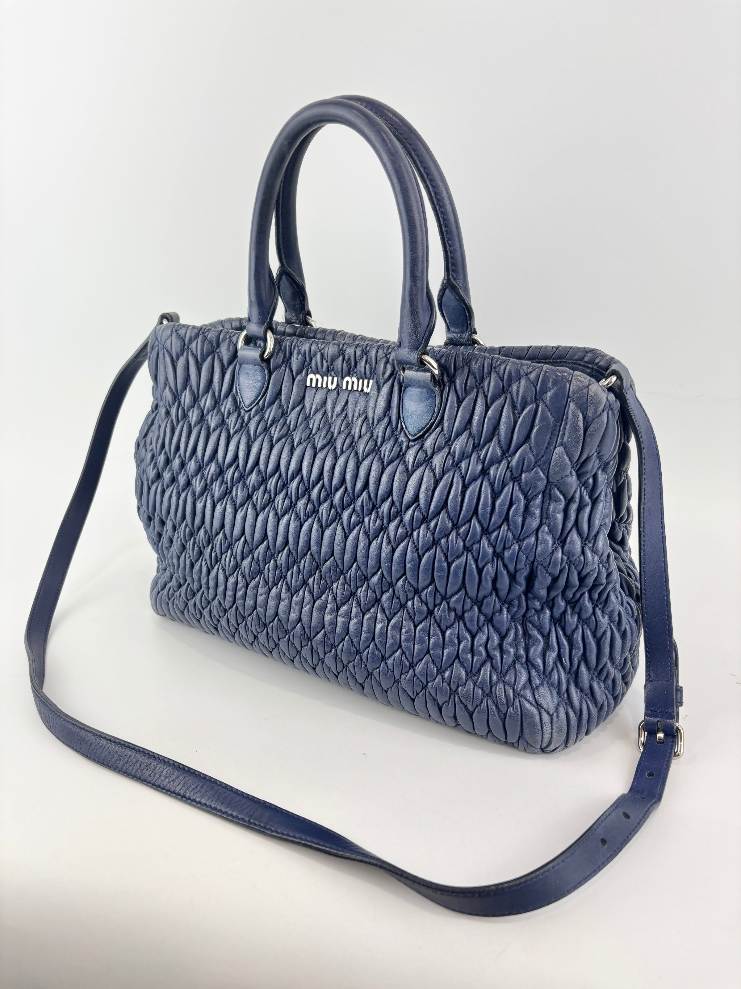 Matelasse Nappa Crystal Leather Small Tote Dark Blue