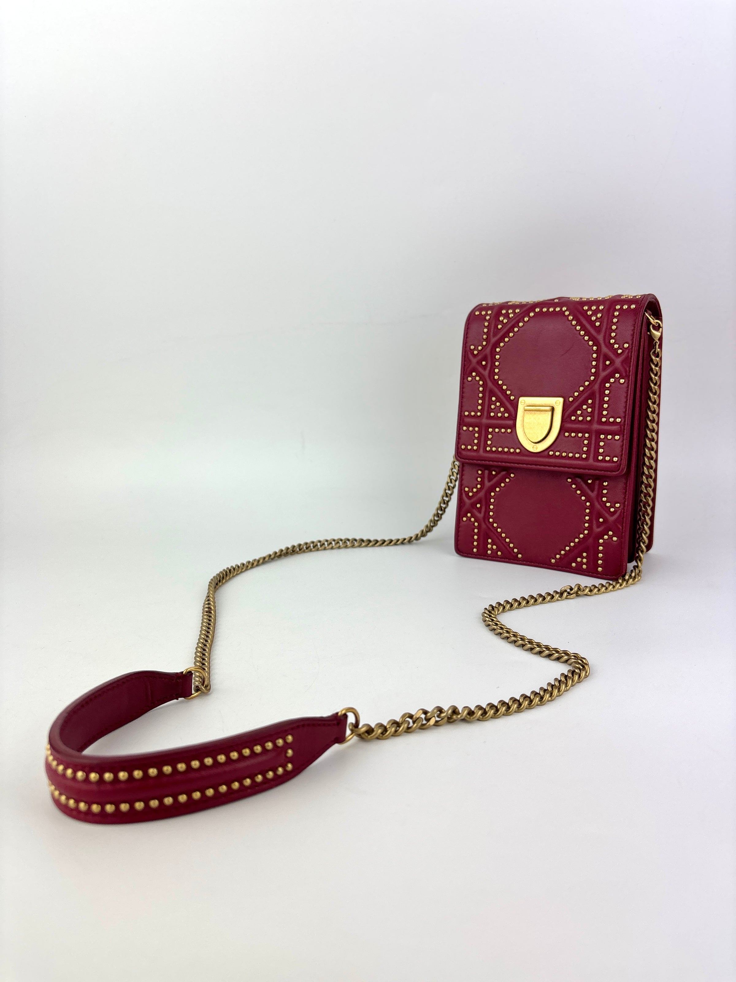 Studded Lambskin Vertical Diorama Clutch on Chain Burgundy GHW - Glampot