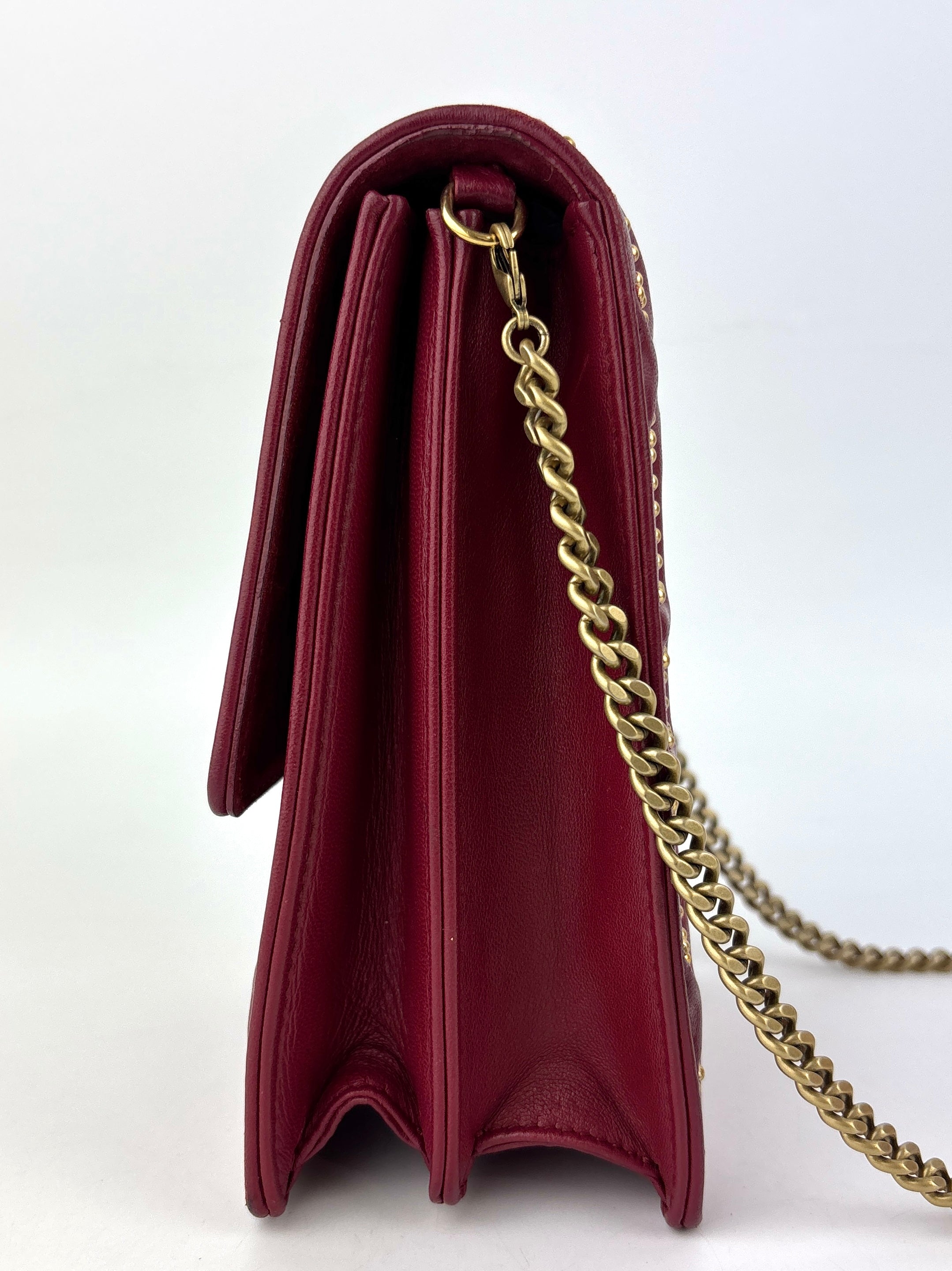 Studded Lambskin Vertical Diorama Clutch on Chain Burgundy GHW - Glampot