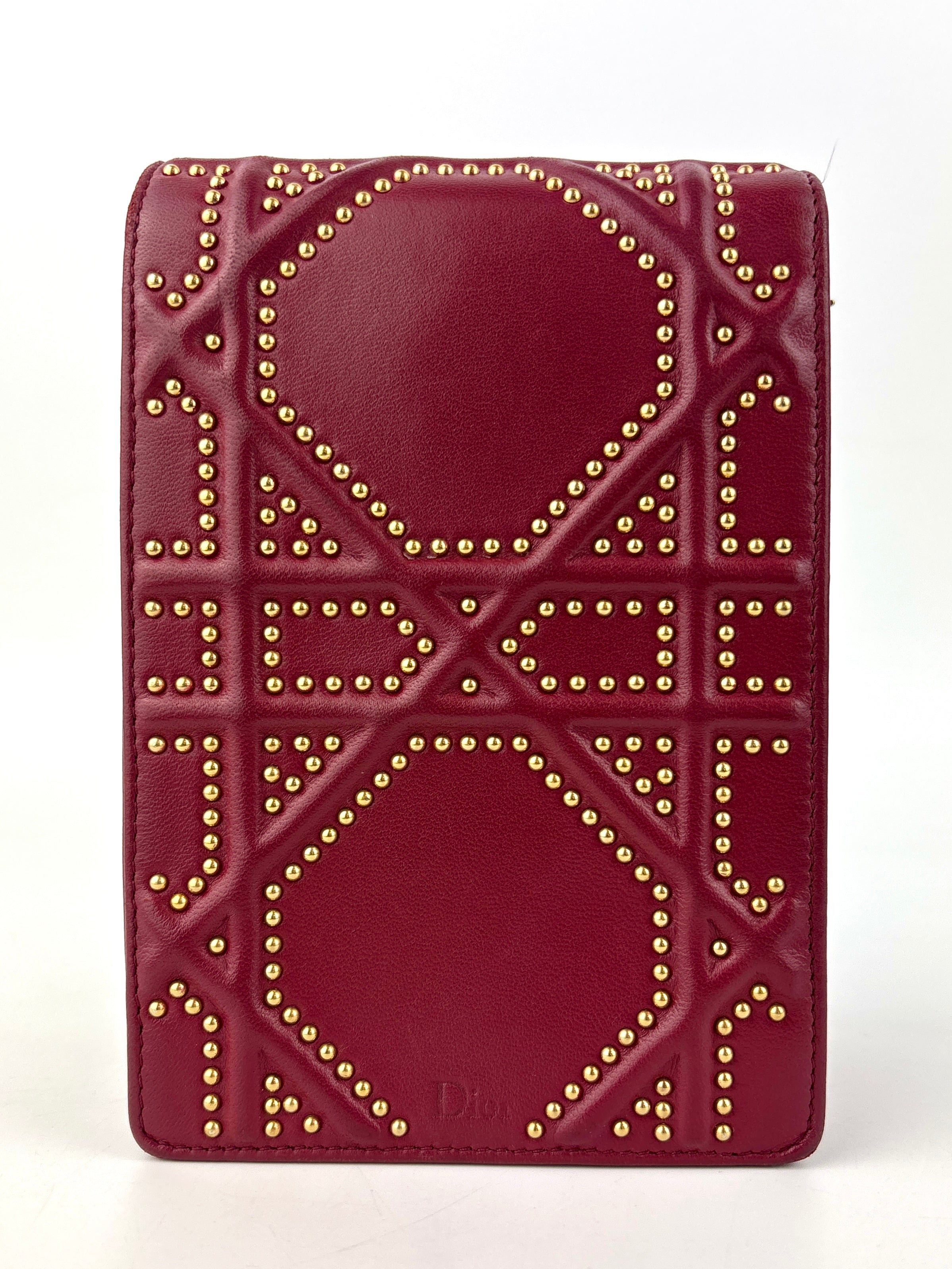 Studded Lambskin Vertical Diorama Clutch on Chain Burgundy GHW - Glampot